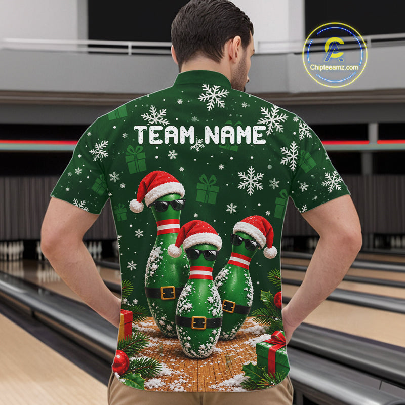 Personalized Christmas Bowling Polo Shirt Quarter Zip Green Cool Pins, Golf Gift For Men NHT1834