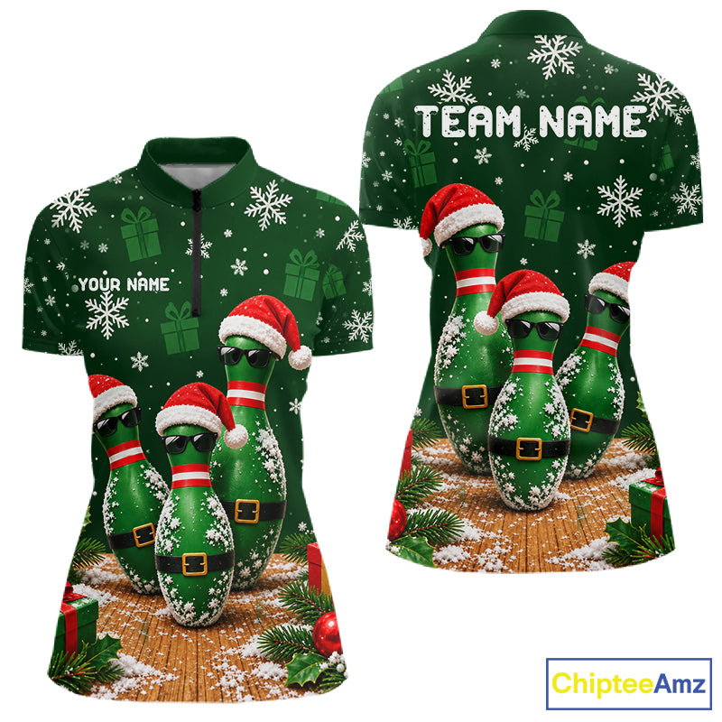 Personalized Christmas Bowling Polo Shirt Quarter Zip Green Cool Pins, Golf Gift For Women NHT1834