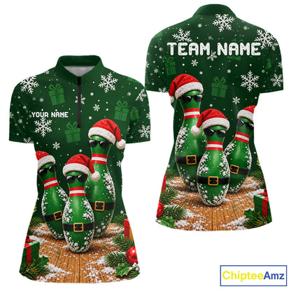 Personalized Christmas Bowling Polo Shirt Quarter Zip Green Cool Pins, Golf Gift For Women NHT1834