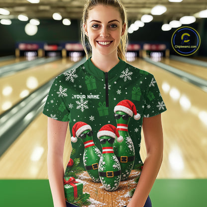 Personalized Christmas Bowling Polo Shirt Quarter Zip Green Cool Pins, Golf Gift For Women NHT1834