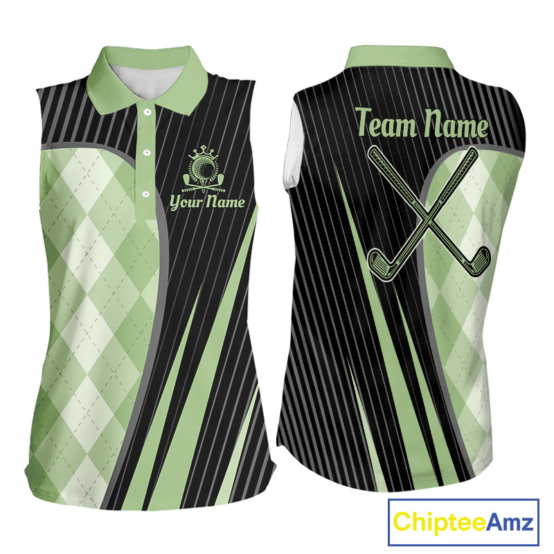 Womens Sleeveless Golf Polo Shirt Green Black Argyle Plaid Golf Pattern Custom,  Womens Shirt Golf Tops NHT667