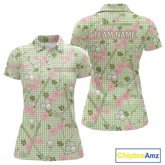 Floral Golf Polo Shirt Personalized Gingham Golf Shirt Custom Name Cute Golf Outfit For Womens Golf Gift NHT688