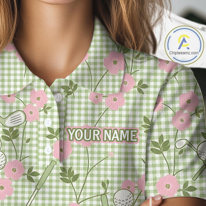 Floral Golf Polo Shirt Personalized Gingham Golf Shirt Custom Name Cute Golf Outfit For Womens Golf Gift NHT688