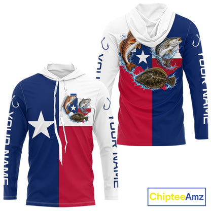 Texas Slam Long Sleeve Hooded Jersey With Redfish, Trout & Flounder Texas Saltwater Fishing Shirt For Men 