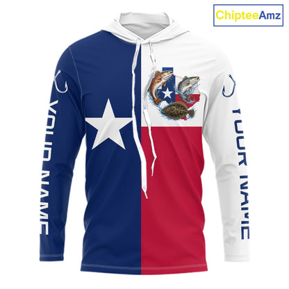 Texas Slam Long Sleeve Hooded Jersey With Redfish, Trout & Flounder Texas Saltwater Fishing Shirt For Men 