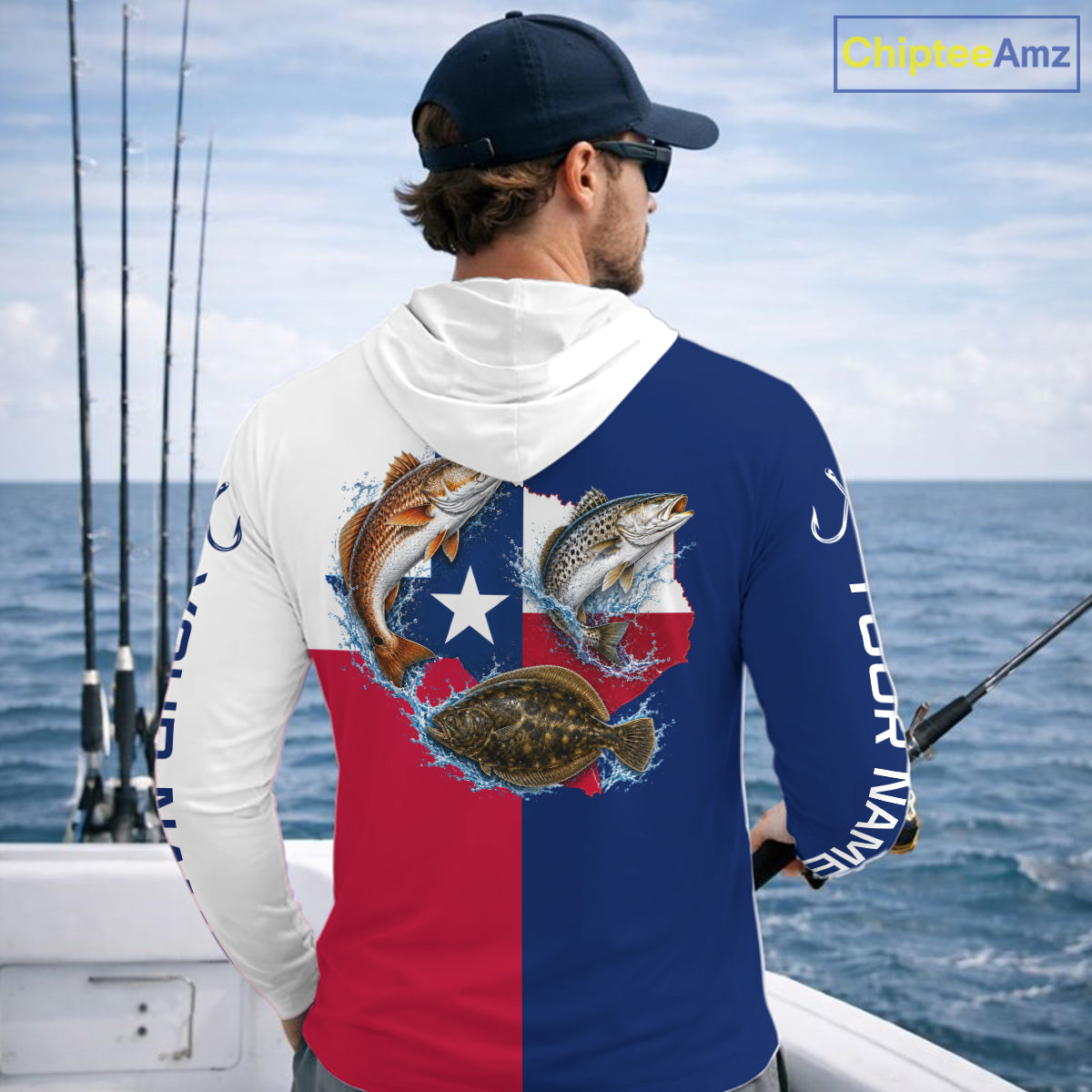 Texas Slam Long Sleeve Hooded Jersey With Redfish, Trout & Flounder Texas Saltwater Fishing Shirt For Men 