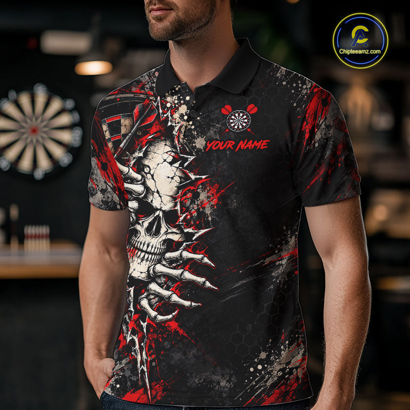 Skull Dartboard Polo 1/4-Zip Shirt For Men Custom Red Darts Team Tournament Jersey NHT1651