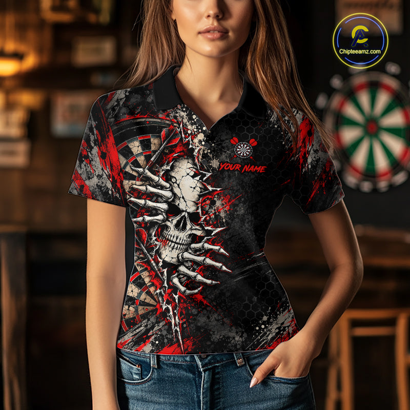Skull Dartboard Polo 1/4-Zip Shirt For Women Custom Red Darts Team Tournament Jersey NHT1651