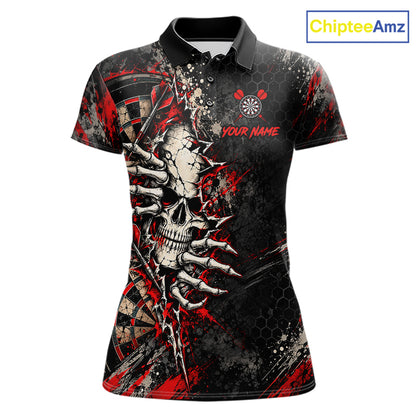 Skull Dartboard Polo 1/4-Zip Shirt For Women Custom Red Darts Team Tournament Jersey NHT1651