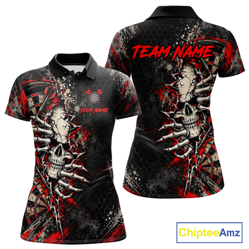 Skull Dartboard Polo 1/4-Zip Shirt For Women Custom Red Darts Team Tournament Jersey NHT1651