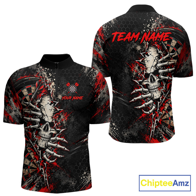 Skull Dartboard Polo 1/4-Zip Shirt For Men Custom Red Darts Team Tournament Jersey NHT1651