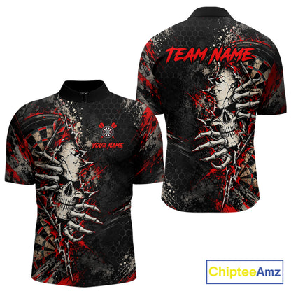 Skull Dartboard Polo 1/4-Zip Shirt For Men Custom Red Darts Team Tournament Jersey NHT1651