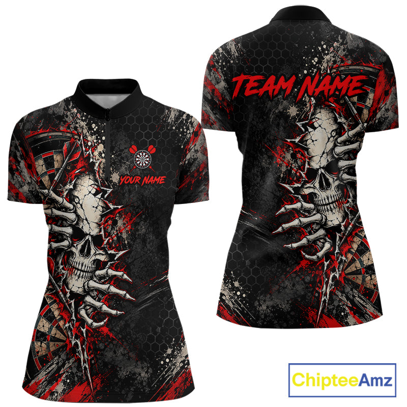 Skull Dartboard Polo 1/4-Zip Shirt For Women Custom Red Darts Team Tournament Jersey NHT1651