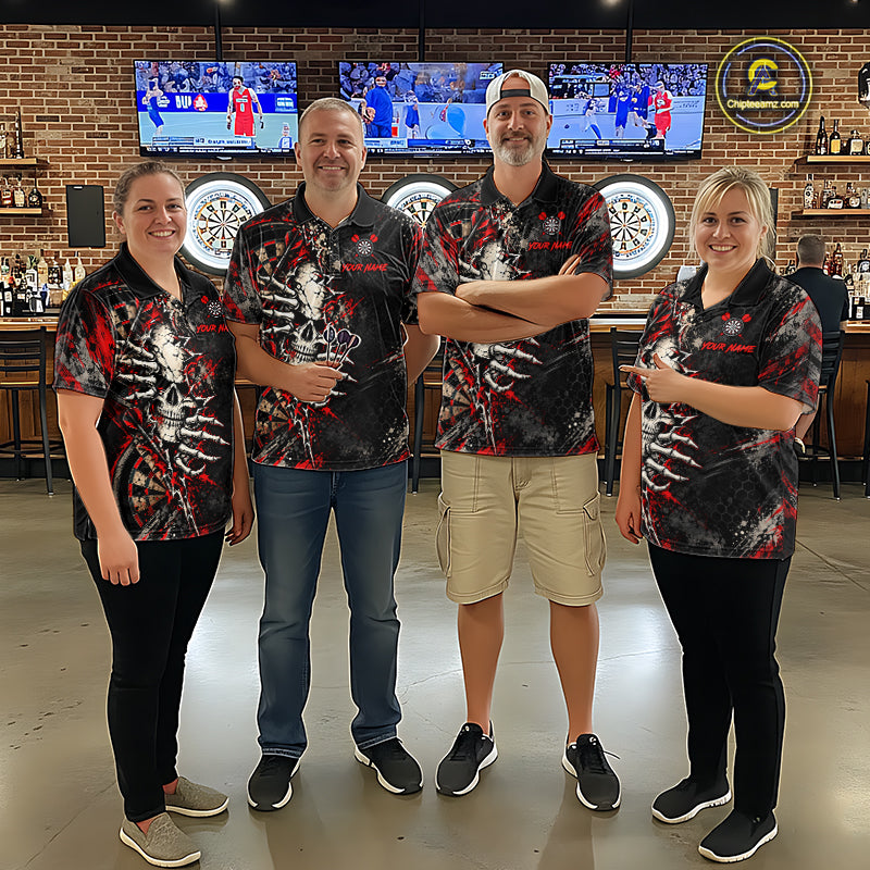 Skull Dartboard Polo 1/4-Zip Shirt For Women Custom Red Darts Team Tournament Jersey NHT1651