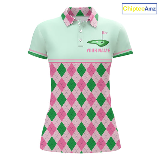 Pink Argyle Golf Polo Shirt Personalized Womens Golf Shirt Cute Preppy Golf Outfit Custom Name, Familly Team Shirts NHT691