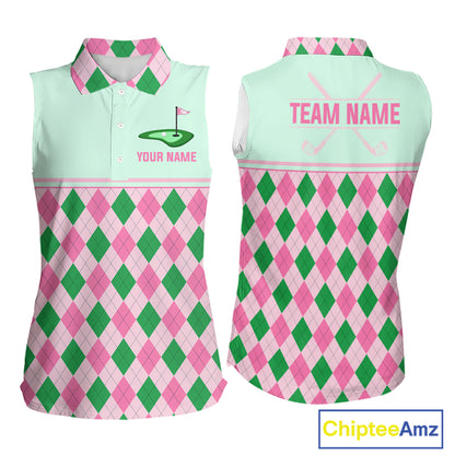 Pink Argyle Golf Polo Shirt Personalized Womens Sleeveless Golf Shirt Cute Preppy Golf Outfit Custom Name, Familly Team Shirts NHT691