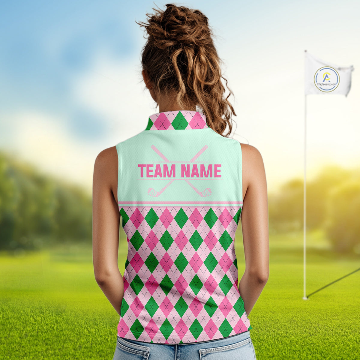 Pink Argyle Golf Polo Shirt Personalized Womens Sleeveless Golf Shirt Cute Preppy Golf Outfit Custom Name, Familly Team Shirts NHT691