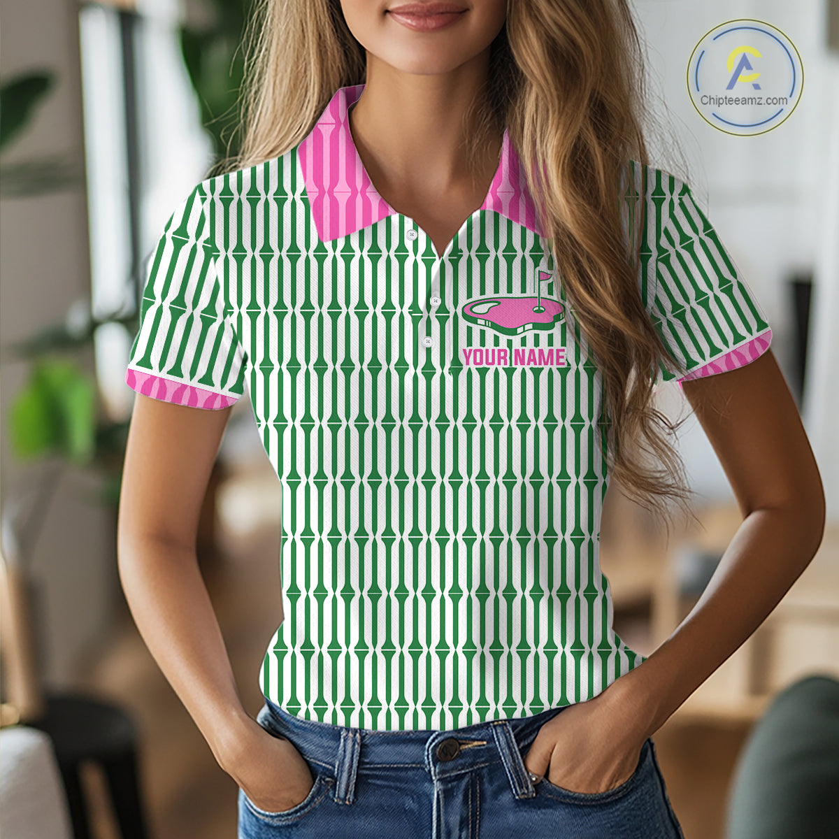 Funny Pink Green Geometric Womens Polo Golf Shirt, Retro Style Performance Golf Top For Family Team Shirt  NHT692