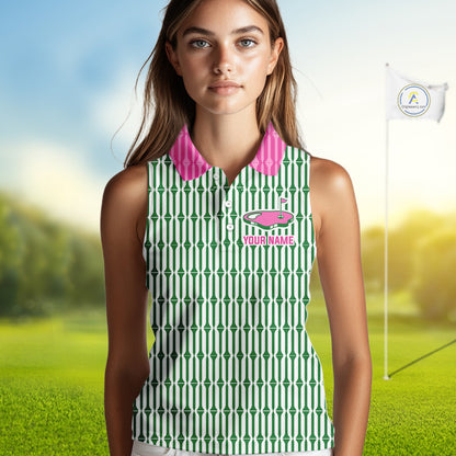 Funny Pink Green Geometric Womens Sleeveless Polo Golf Shirt, Retro Style Performance Golf Top For Family Team Shirt NHT692