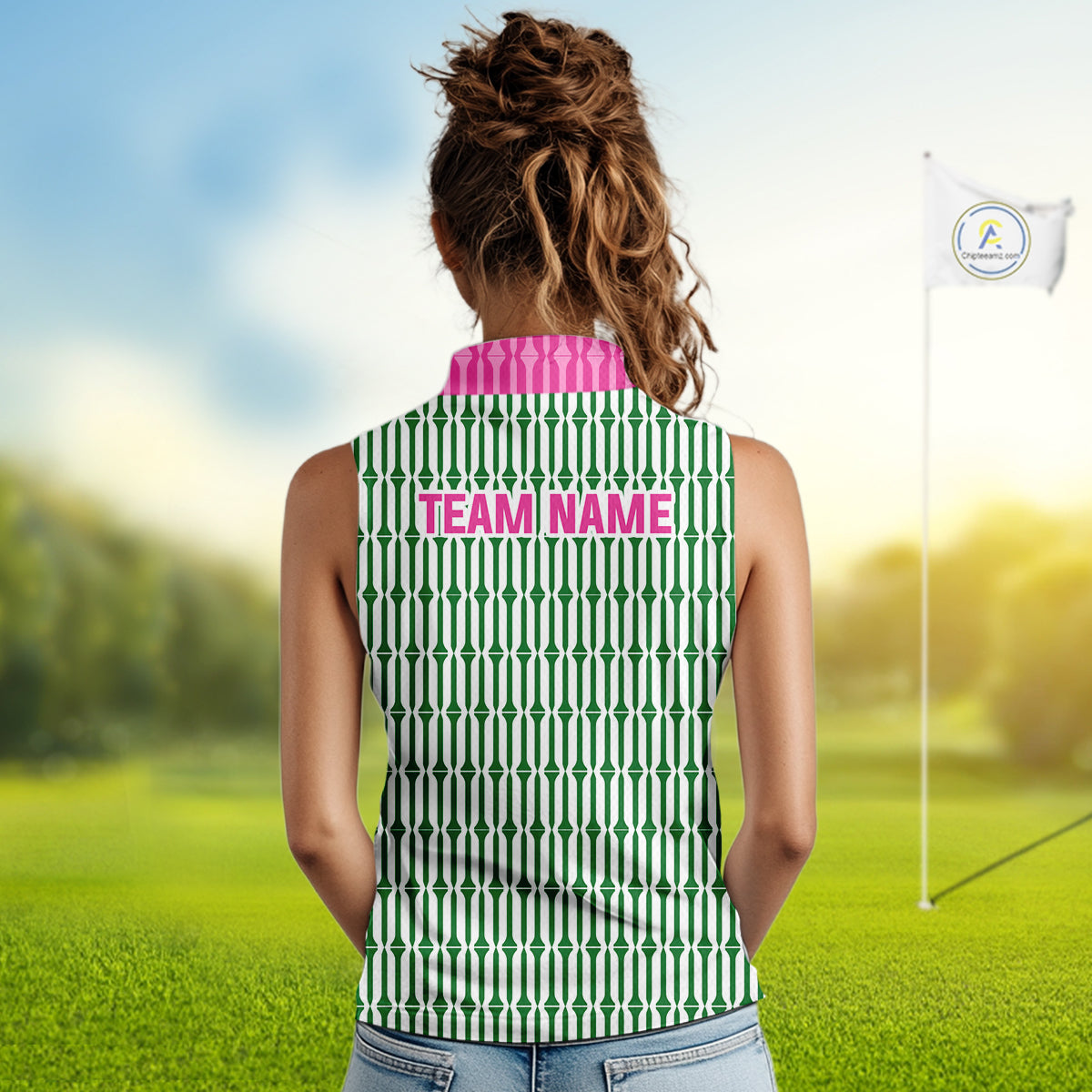 Funny Pink Green Geometric Womens Sleeveless Polo Golf Shirt, Retro Style Performance Golf Top For Family Team Shirt NHT692