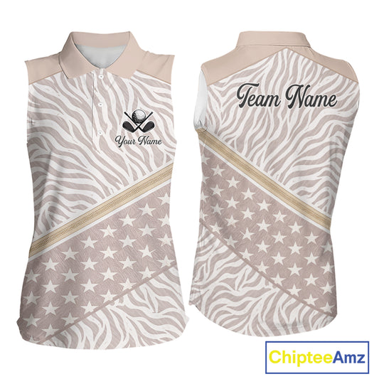 Custom Womens Sleeveless Golf Polo Shirt, Personalized Team Name Golf Jersey, Elegant Beige Zebra And Stars Pattern NHT694