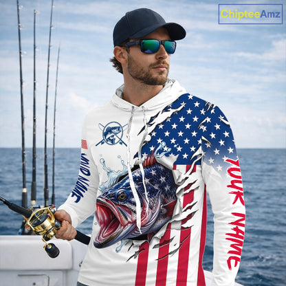 Bass Fishing Shirts Long Sleeve Hooded  With American Flag – USA Patriotic Angler Performance Shirt