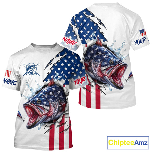 Bass Fishing T-Shirt With American Flag – USA Patriotic Angler Performance Shirt