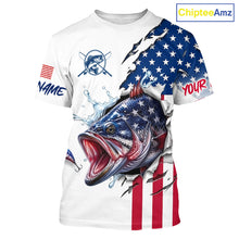 Load image into Gallery viewer, Bass Fishing T-Shirt With American Flag – USA Patriotic Angler Performance Shirt