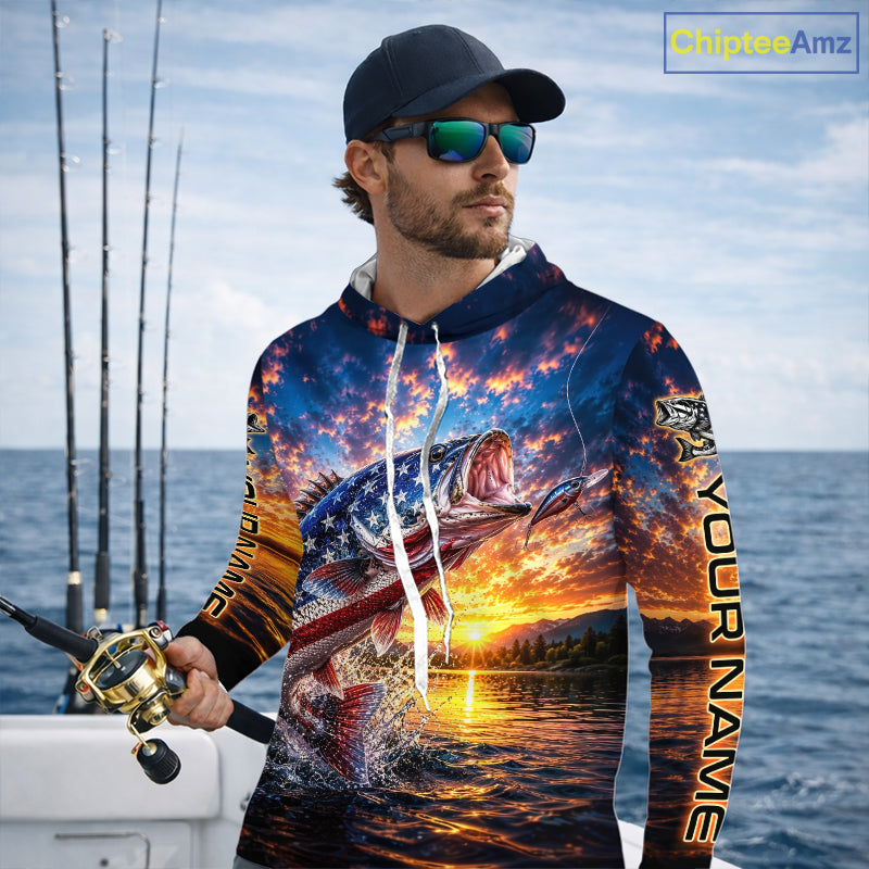 American Flag Bass Fishing Jersey – Patriotic Sunset Lake Angler Long Sleeve Hooded  For Men