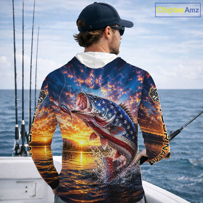 American Flag Bass Fishing Jersey – Patriotic Sunset Lake Angler Long Sleeve Hooded  For Men