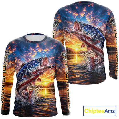 American Flag Bass Fishing Jersey – Patriotic Sunset Lake Angler Long Sleeve For Men
