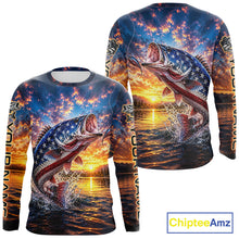Load image into Gallery viewer, American Flag Bass Fishing Jersey – Patriotic Sunset Lake Angler Long Sleeve For Men