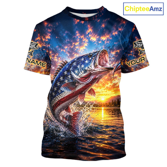 American Flag Bass Fishing Jersey – Patriotic Sunset Lake Angler T-Shirt For Men NHT1031