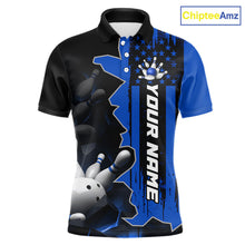 Load image into Gallery viewer, Men's custom bowling tournament polo shirt – personalized team bowling jersey blue front view

