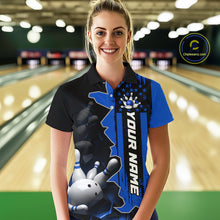 Load image into Gallery viewer, Women's Custom Bowling Tournament Polo Shirt &amp; 1/4 Zip – Personalized Team Bowling Jersey| Blue NHT1196