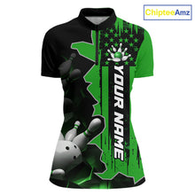 Load image into Gallery viewer, Women's 1/4 zip bowling tournament shirt – personalized team bowling jersey green front view