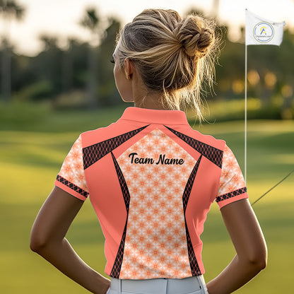 Custom Womens Coral Golf Polo, Personalized Geometric Pattern Golf Shirt With Name, Pink Golf Jersey NHT701