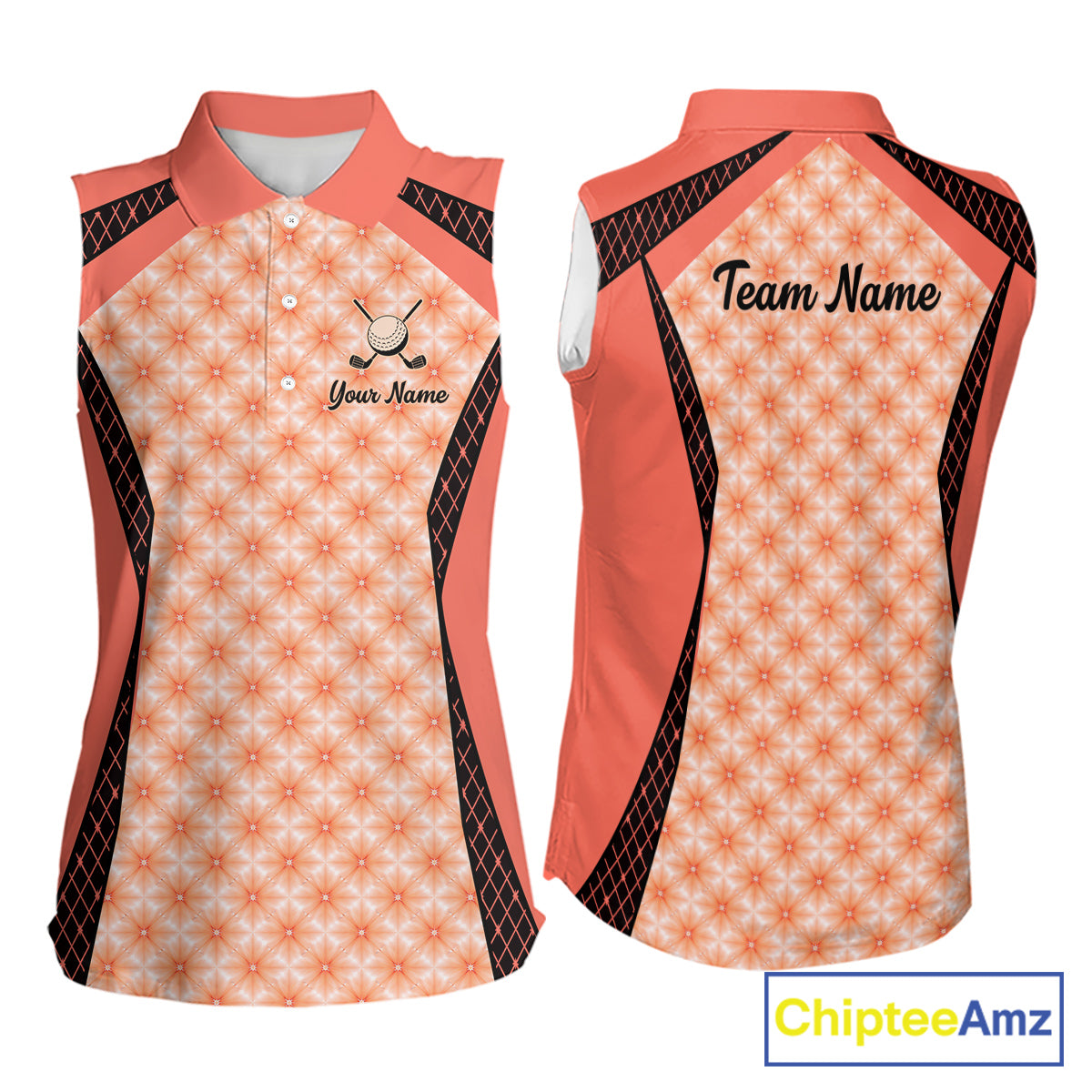 Custom Womens Sleeveless Coral Golf Polo, Personalized Geometric Pattern Golf Shirt With Name, Pink Golf Jersey NHT701