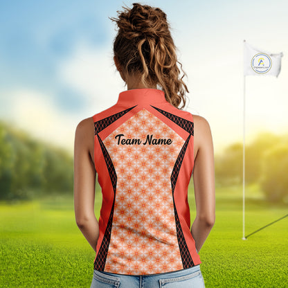Custom Womens Sleeveless Coral Golf Polo, Personalized Geometric Pattern Golf Shirt With Name, Pink Golf Jersey NHT701
