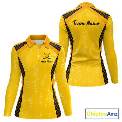 Custom Womens Beer Bubbles Golf Polo Shirt, Personalized Yellow Beer Themed Golf Jersey With Name, Gift For Golfer NHT703