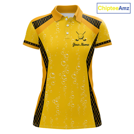 Custom Womens Beer Bubbles Golf Polo Shirt, Personalized Yellow Beer Themed Golf Jersey With Name, Gift For Golfer NHT703