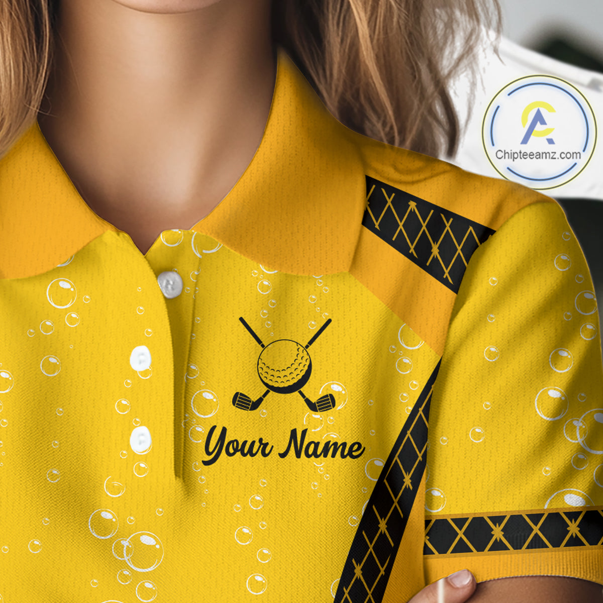 Custom Womens Beer Bubbles Golf Polo Shirt, Personalized Yellow Beer Themed Golf Jersey With Name, Gift For Golfer NHT703