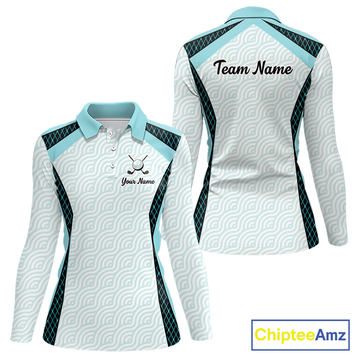 Personalized Aqua Sea Wave Golf Shirt With Name, Elegant Women's Sportswear, Stylish Womens Golf Jersey NHT704