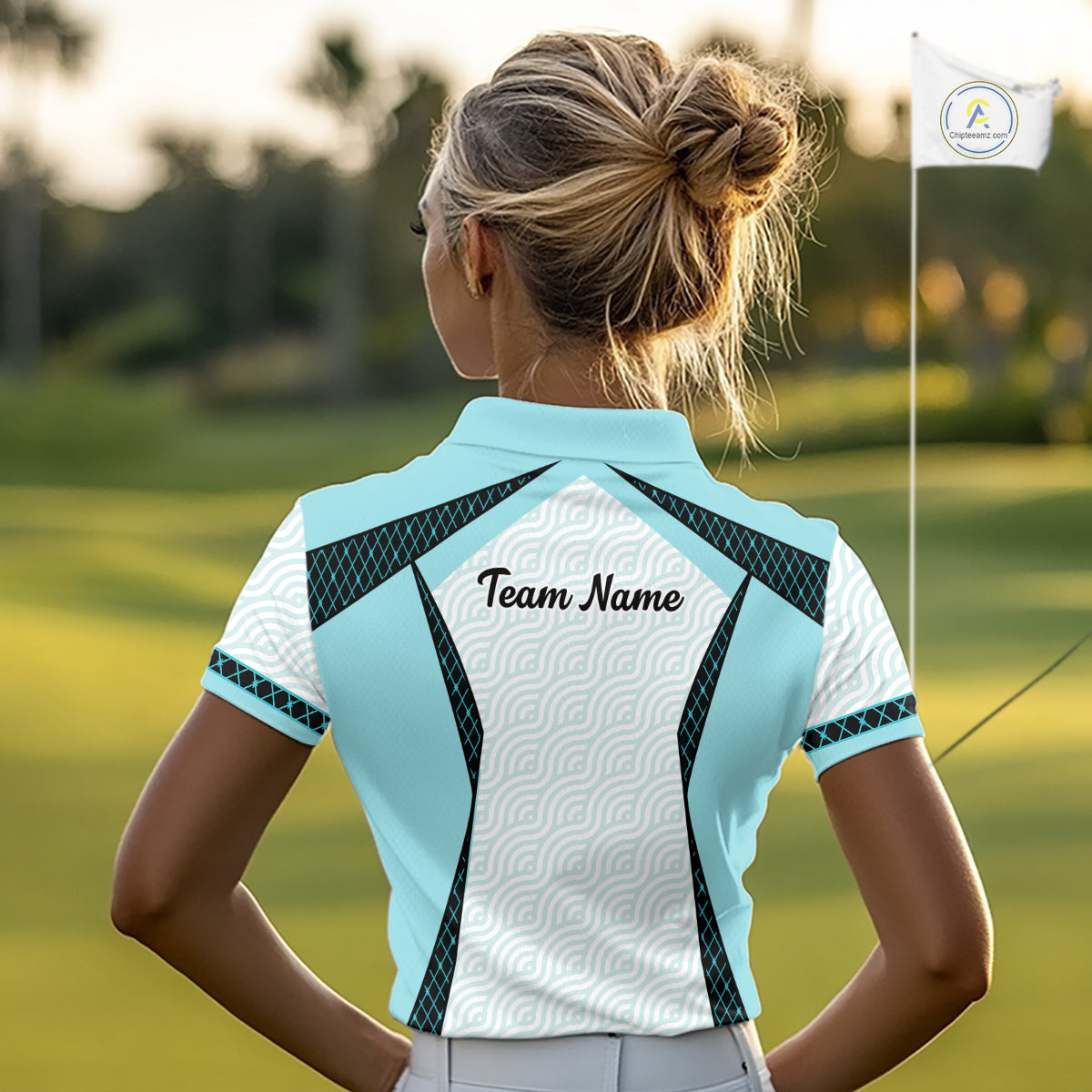 Personalized Aqua Sea Wave Golf Shirt With Name, Elegant Women's Sportswear, Stylish Womens Golf Jersey NHT704