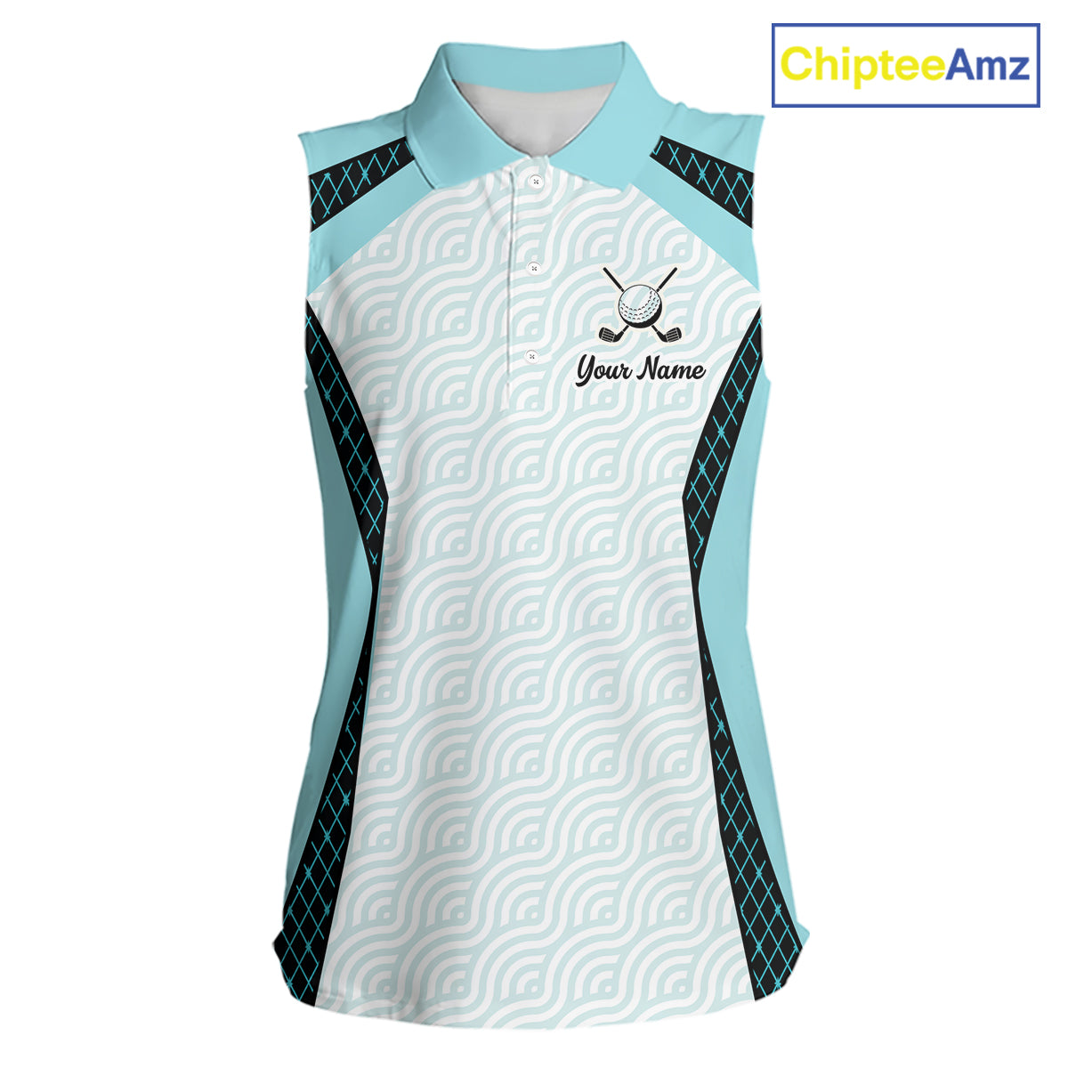Personalized Aqua Sea Wave Golf Shirt With Name, Elegant Women's Sportswear, Stylish Womens Sleeveless Golf Jersey NHT704