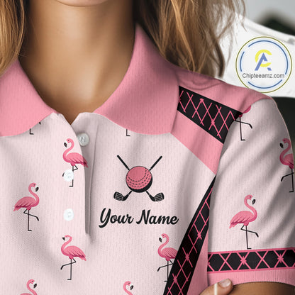 Custom  Womens Flamingo Golf Polo, Personalized Pink Flamingo Golf Shirt With Name, Gift For Golfer NHT705