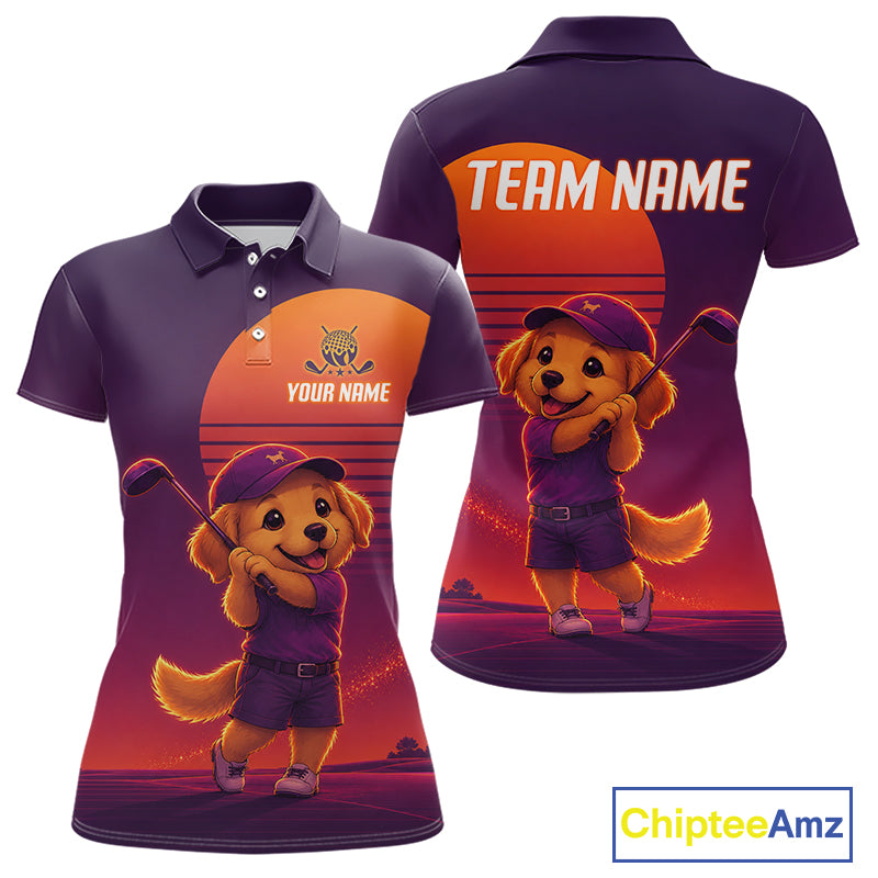 Personalized Golden Retriever Dog Golf Shirt - Retro Sunset Womens Golf Polo Shirt