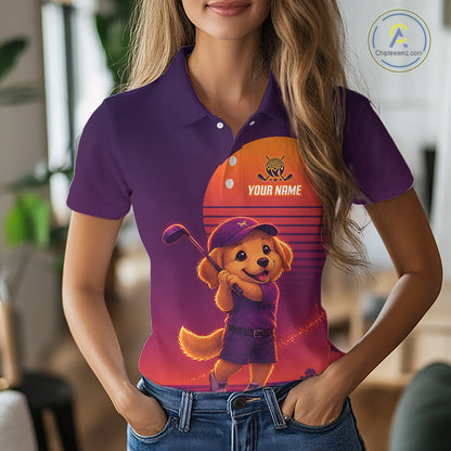 Personalized Golden Retriever Dog Golf Shirt - Retro Sunset Womens Golf Polo Shirt