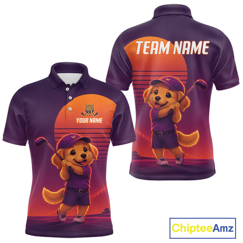 Personalized Golden Retriever Dog Golf Shirt - Retro Sunset Golf Polo Shirt For Men