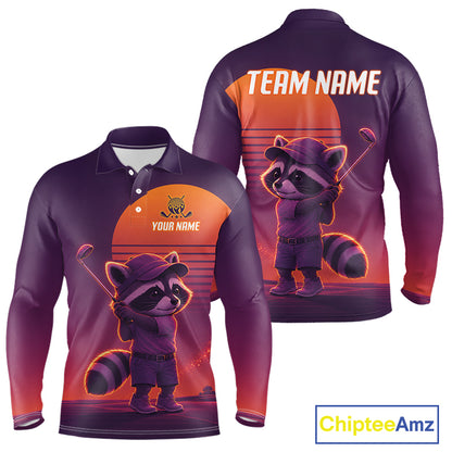 Personalized Raccoon Golf Shirt - Retro Sunset Golf Polo Shirt For Men